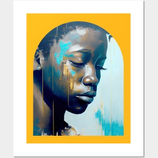 African american young man, eyes closed in meditation, abstract painting Posters and Art